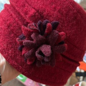 Bucket Red Wool Cloche Hat with Flower Accent